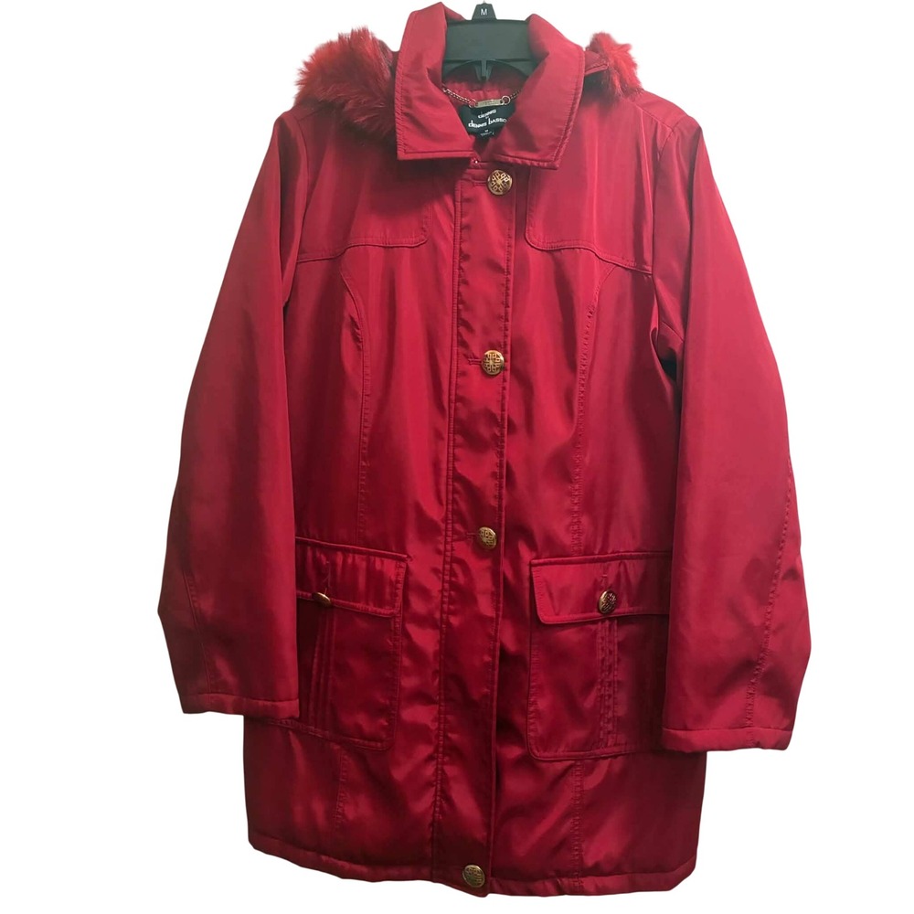 Dennis Basso Coat Womens M Red Faux Fur Hood Quilted Lined Parka Gold Buttons
